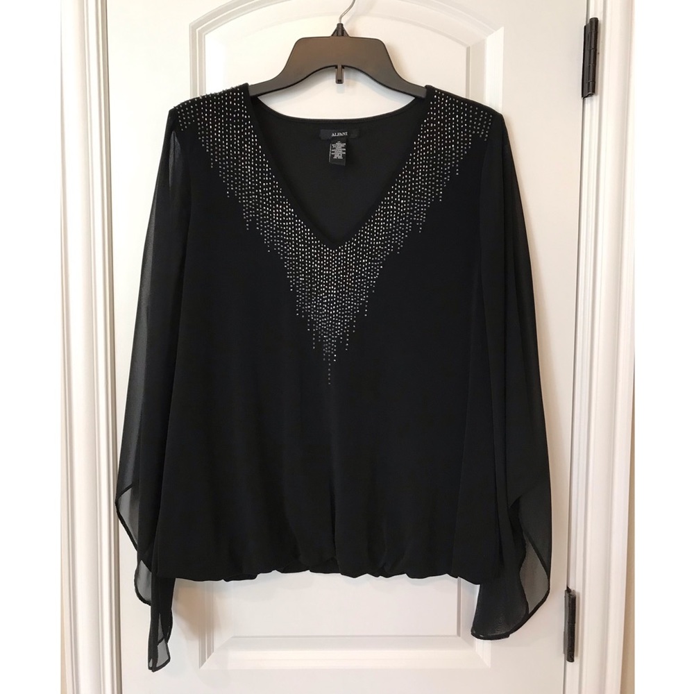 Alfani Black Bell Sleeve Embellished Dressy Blouse